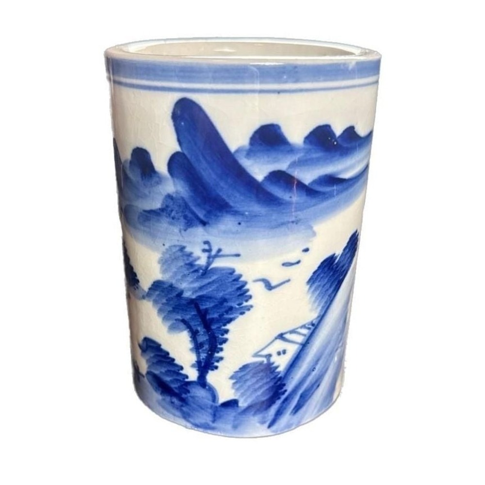 Vintage Chinese Blue and White Porcelain Landscape Brush Pot Vase, 5.5"